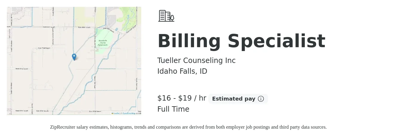 Tueller Counseling Inc job posting for a Billing Specialist in Idaho Falls, ID with a salary of $17 to $20 Hourly with a map of Idaho Falls location.