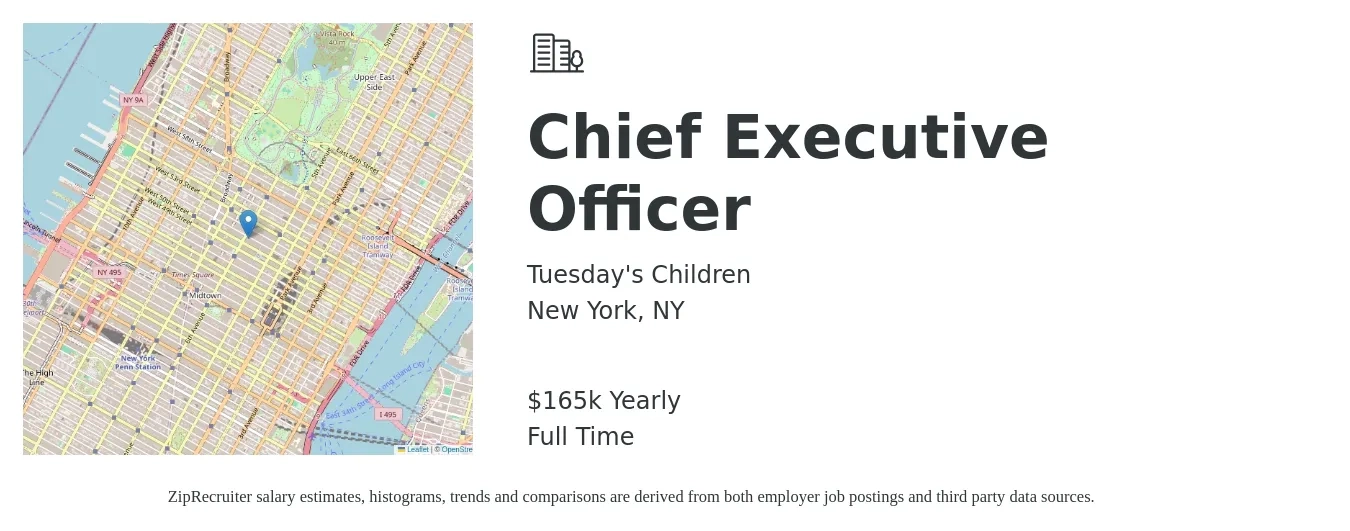 Tuesday's Children job posting for a Chief Executive Officer in New York, NY with a salary of $165,000 Yearly with a map of New York location.