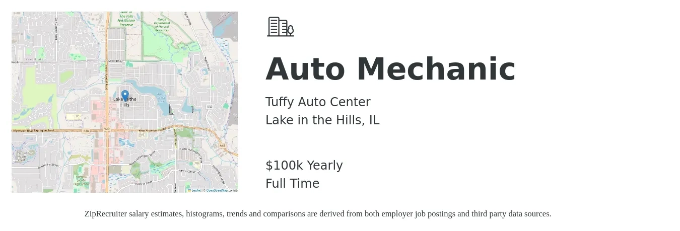 Tuffy Auto Center job posting for a Auto Mechanic in Lake in the Hills, IL with a salary of $100,000 Yearly with a map of Lake in the Hills location.