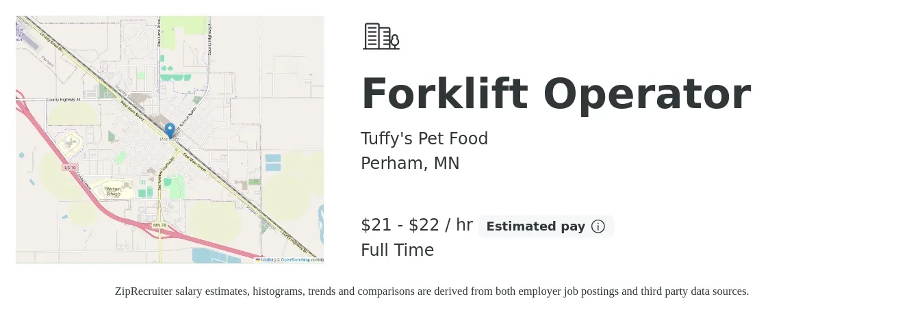 Tuffy's Pet Food job posting for a Forklift Operator in Perham, MN with a salary of $22 to $23 Hourly with a map of Perham location.