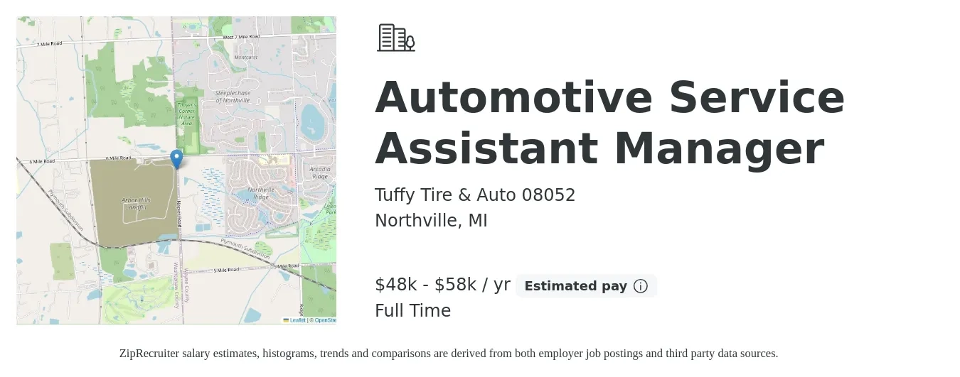 Tuffy Tire & Auto 08052 job posting for a Automotive Service Assistant Manager in Northville, MI with a salary of $48,000 to $58,000 Yearly with a map of Northville location.