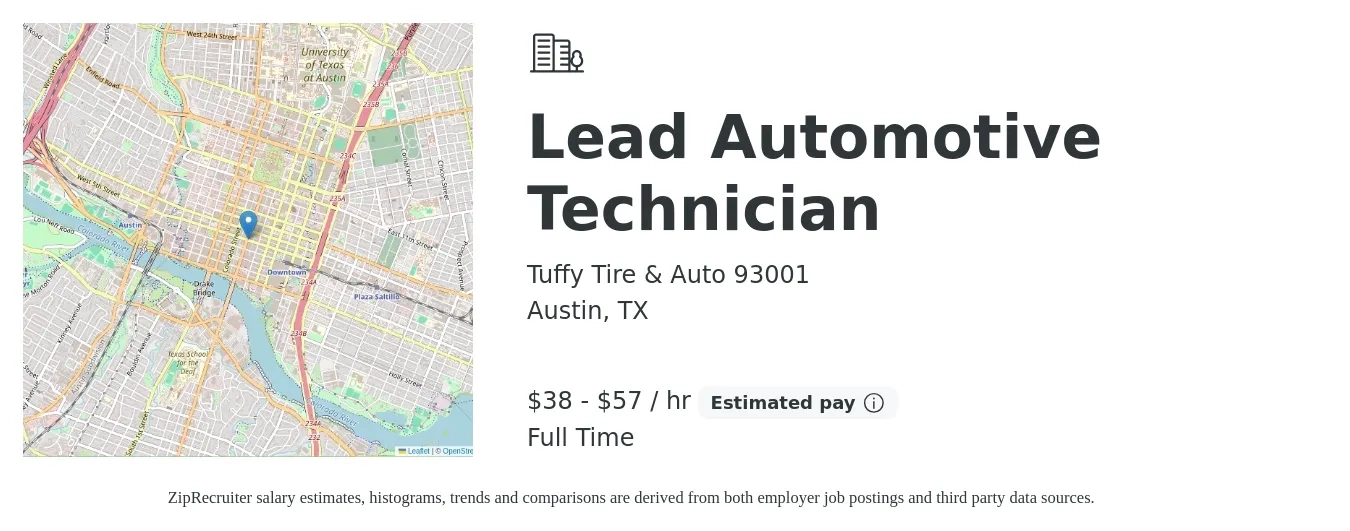 Tuffy Tire & Auto 93001 job posting for a Lead Automotive Technician in Austin, TX with a salary of $35 to $65 Hourly with a map of Austin location.