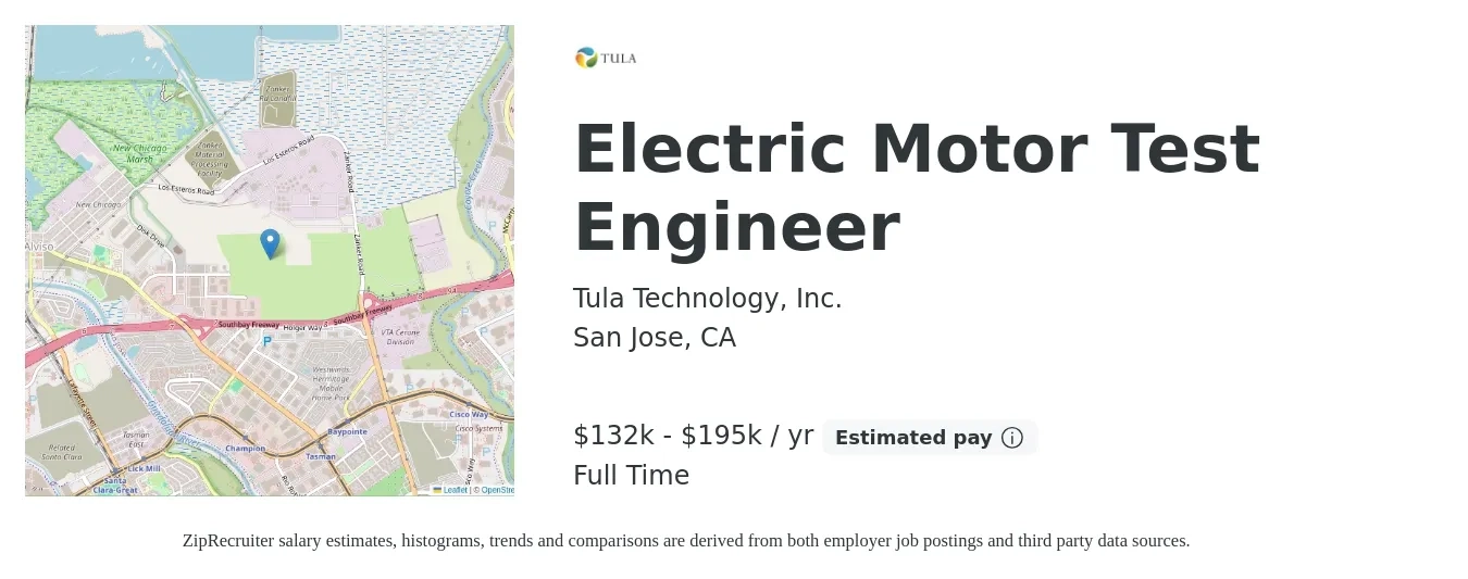 Tula Technology, Inc. job posting for a Electric Motor Test Engineer in San Jose, CA with a salary of $132,000 to $195,000 Yearly with a map of San Jose location.