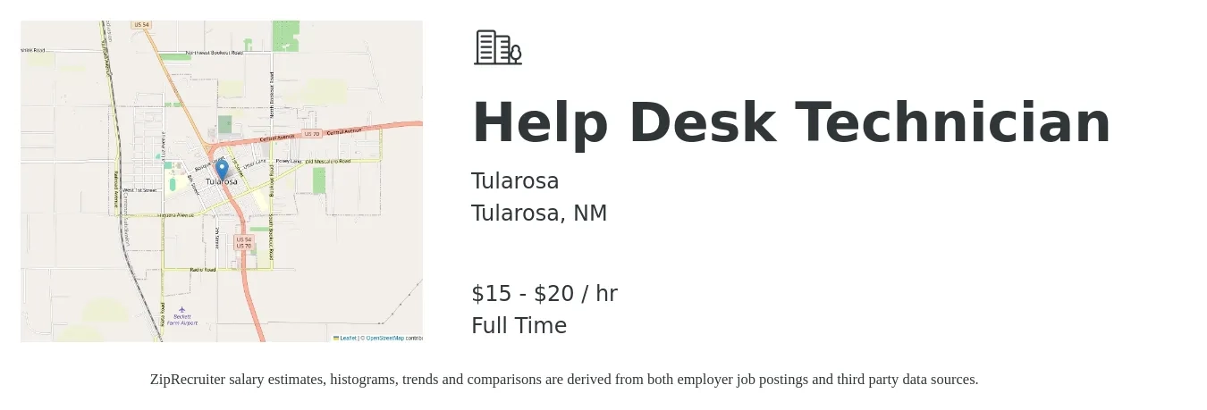 Tularosa job posting for a Help Desk Technician in Tularosa, NM with a salary of $16 to $21 Hourly with a map of Tularosa location.