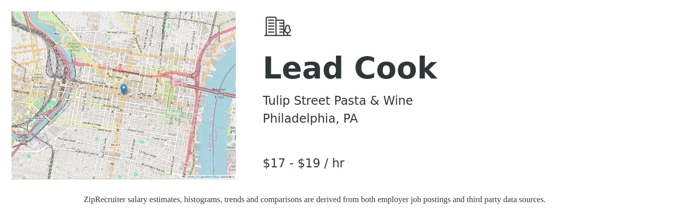 Tulip Street Pasta & Wine job posting for a Lead Cook in Philadelphia, PA with a salary of $18 to $20 Hourly with a map of Philadelphia location.