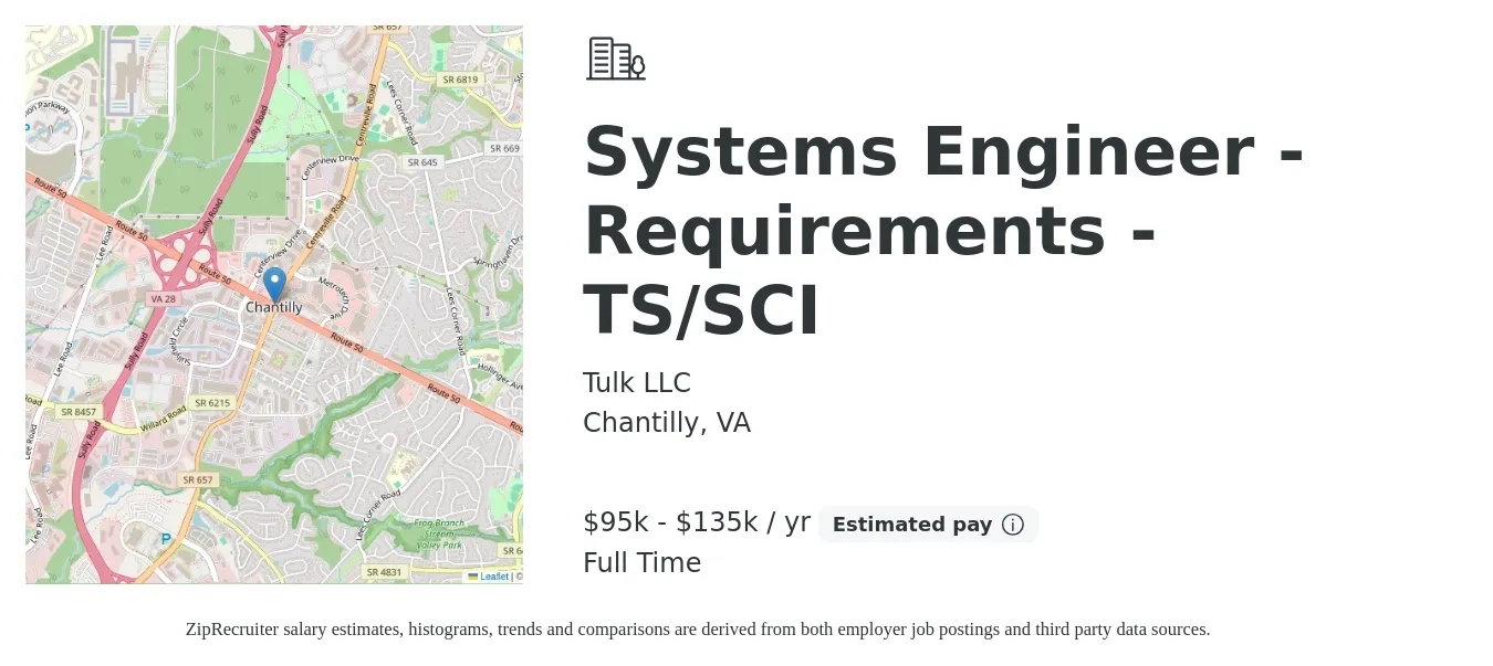Tulk LLC job posting for a Systems Engineer - Requirements - TS/SCI in Chantilly, VA with a salary of $95,000 to $120,000 Yearly with a map of Chantilly location.