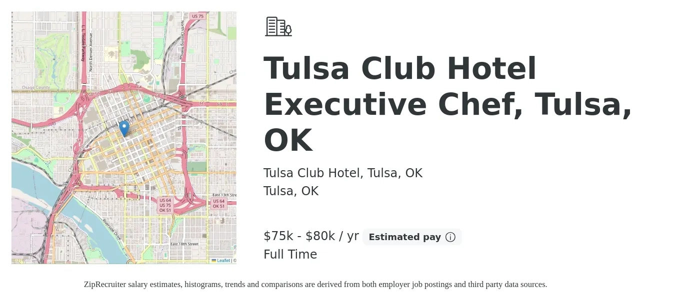 Tulsa Club Hotel, Tulsa, OK job posting for a Tulsa Club Hotel Executive Chef, Tulsa, OK in Tulsa, OK with a salary of $75,000 to $80,000 Yearly with a map of Tulsa location.