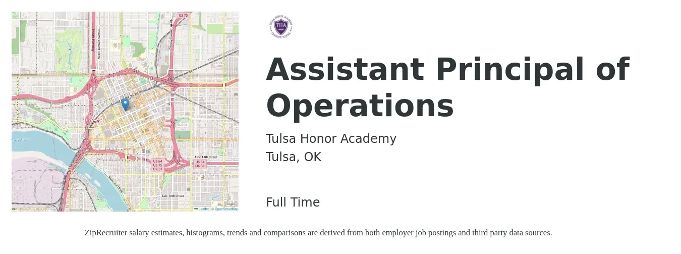 Tulsa Honor Academy job posting for a Assistant Principal of Operations in Tulsa, OK with a salary of $63,000 to $90,000 Yearly with a map of Tulsa location.