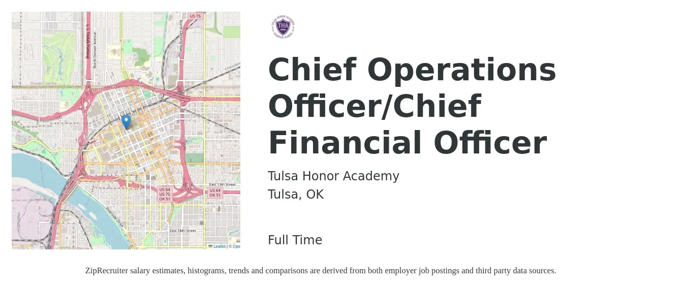 Tulsa Honor Academy job posting for a Chief Operations Officer/Chief Financial Officer in Tulsa, OK with a salary of $101,800 to $169,000 Yearly with a map of Tulsa location.