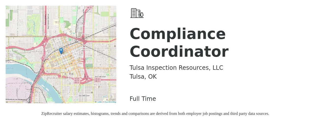 Tulsa Inspection Resources, LLC job posting for a Compliance Coordinator in Tulsa, OK with a salary of $39,600 to $56,400 Yearly with a map of Tulsa location.