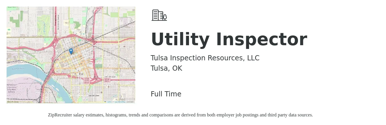 Tulsa Inspection Resources, LLC job posting for a Utility Inspector in Tulsa, OK with a salary of $16 to $28 Hourly with a map of Tulsa location.