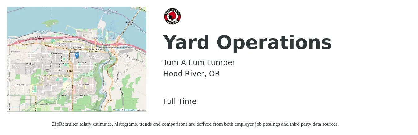 Tum-A-Lum Lumber job posting for a Yard Operations in Hood River, OR with a salary of $16 to $21 Hourly with a map of Hood River location.