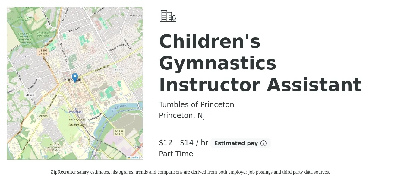 Tumbles of Princeton job posting for a Children's Gymnastics Instructor Assistant in Princeton, NJ with a salary of $13 to $15 Hourly with a map of Princeton location.