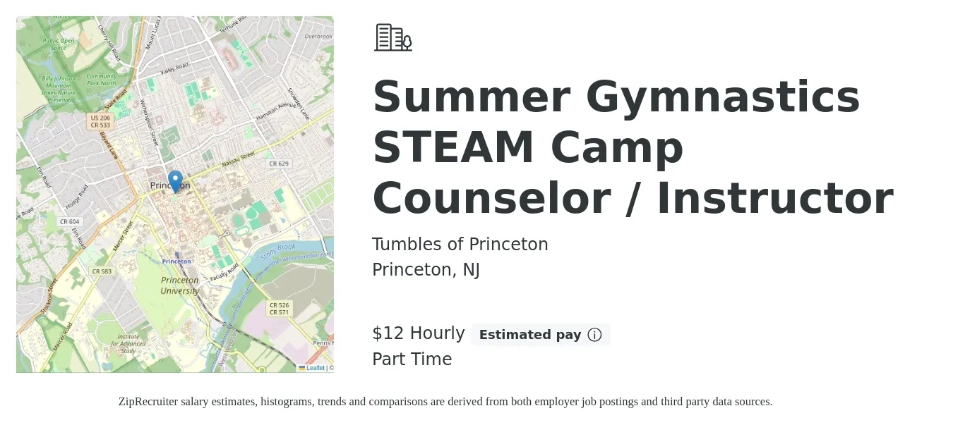 Tumbles of Princeton job posting for a Summer Gymnastics STEAM Camp Counselor / Instructor in Princeton, NJ with a salary of $13 Hourly with a map of Princeton location.