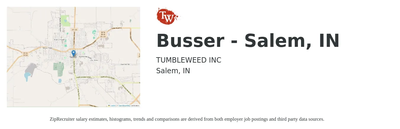 TUMBLEWEED INC job posting for a Busser - Salem, IN in Salem, IN with a salary of $9 to $13 Hourly with a map of Salem location.
