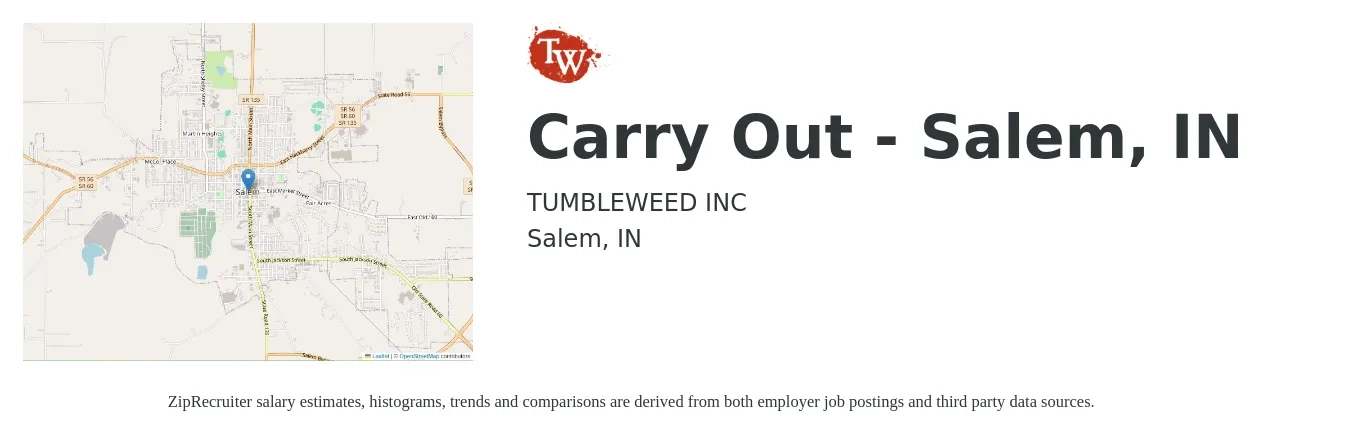 TUMBLEWEED INC job posting for a Carry Out - Salem, IN in Salem, IN with a salary of $9 to $15 Hourly with a map of Salem location.