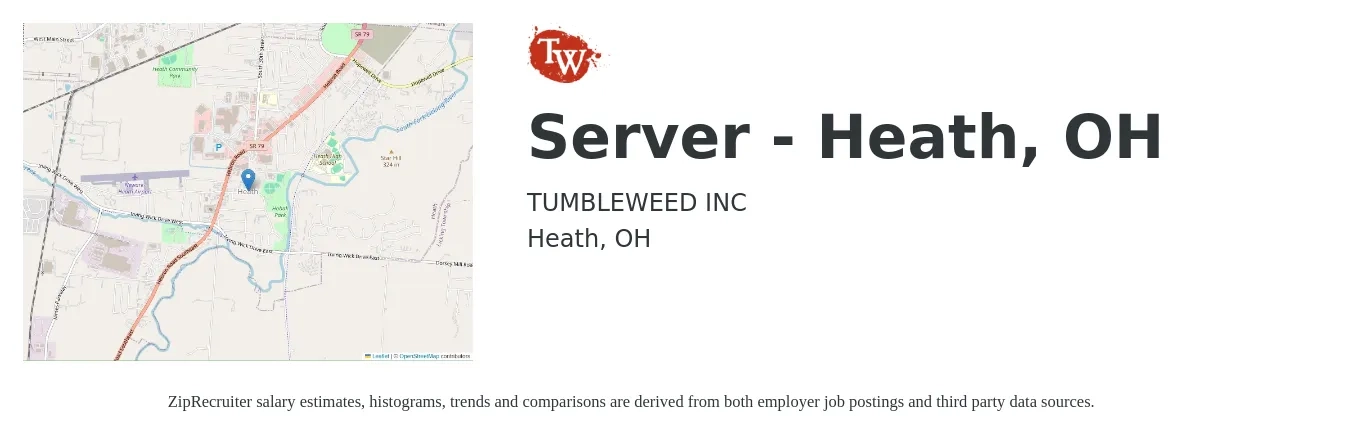 TUMBLEWEED INC job posting for a Server - Heath, OH in Heath, OH with a salary of $500 to $800 Weekly with a map of Heath location.