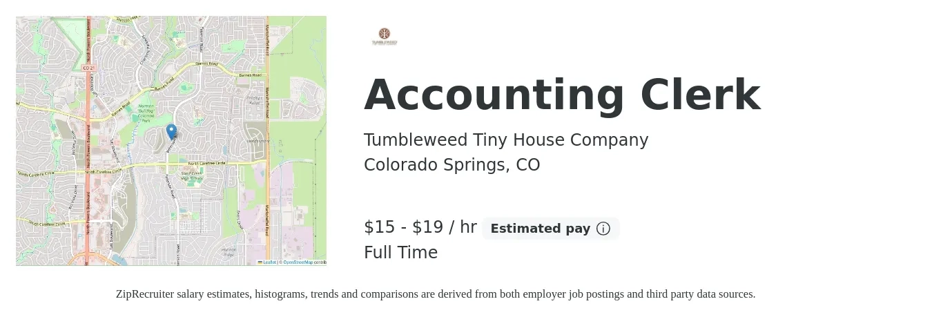 Tumbleweed Tiny House Company job posting for a Accounting Clerk in Colorado Springs, CO with a salary of $16 to $20 Hourly with a map of Colorado Springs location.