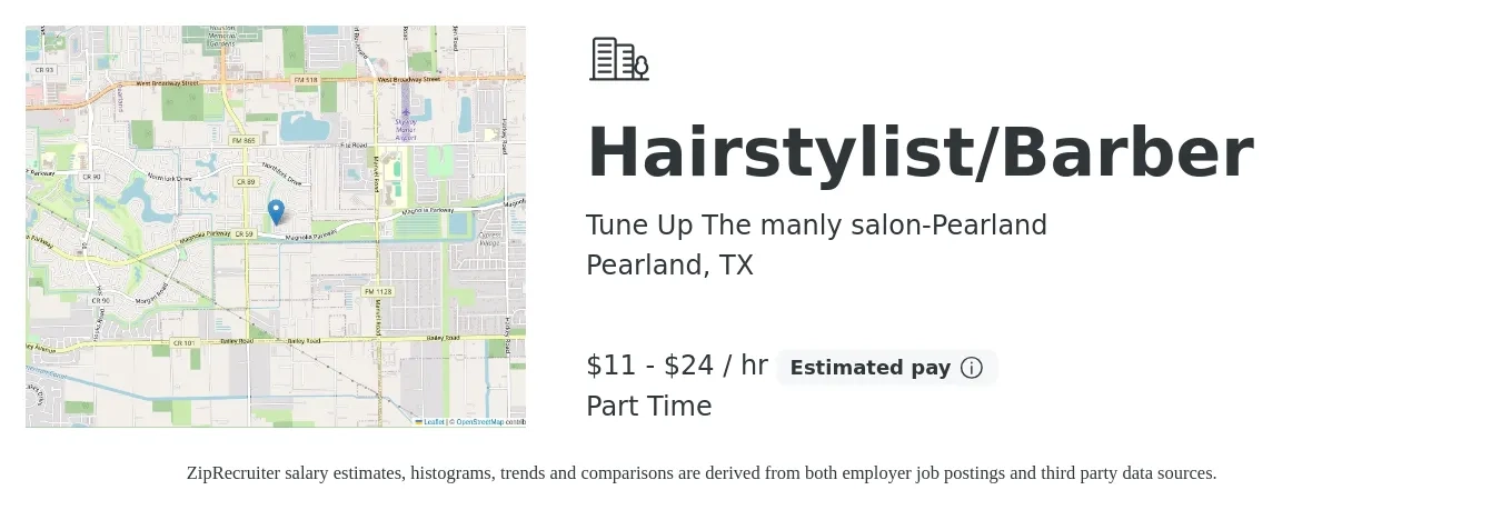 Tune Up The manly salon-Pearland job posting for a Hairstylist/Barber in Pearland, TX with a salary of $12 to $25 Hourly (plus commission) with a map of Pearland location.