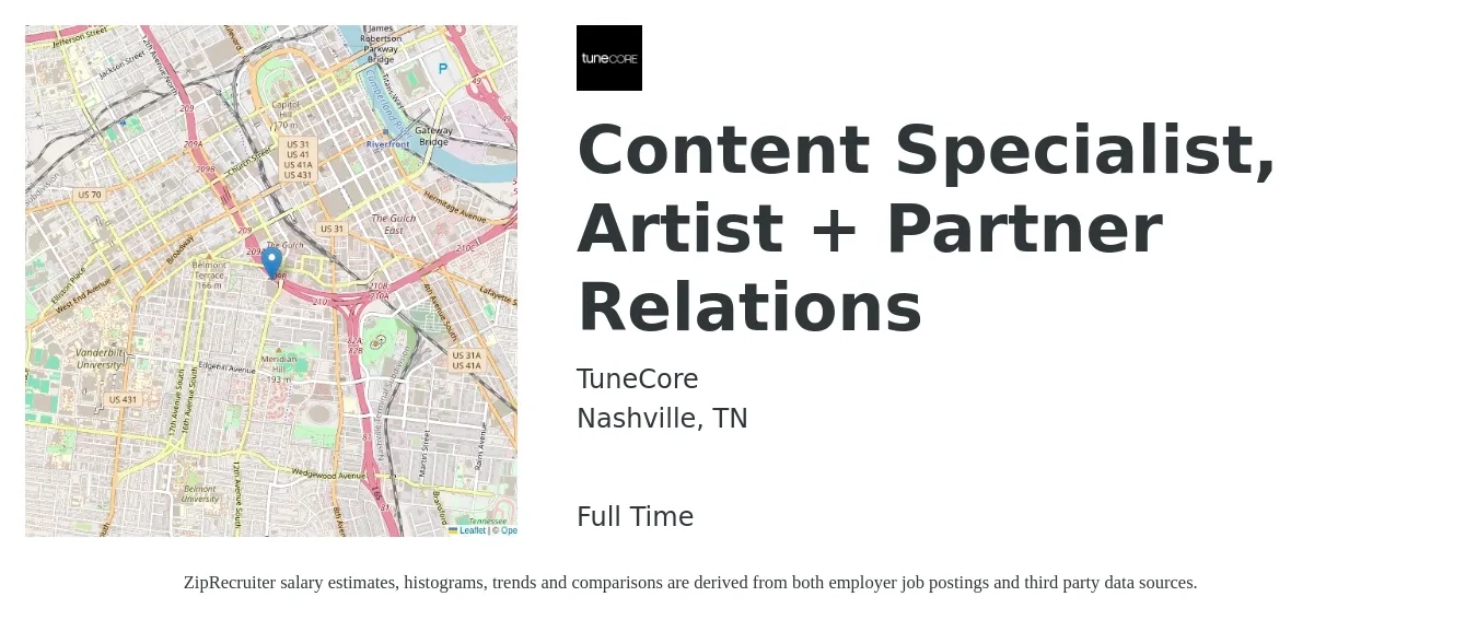 TuneCore job posting for a Content Specialist, Artist + Partner Relations in Nashville, TN with a salary of $44,400 to $80,200 Yearly with a map of Nashville location.
