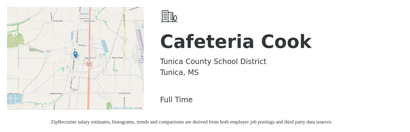 Tunica County School District job posting for a Cafeteria Cook in Tunica, MS with a salary of $14 to $17 Hourly with a map of Tunica location.