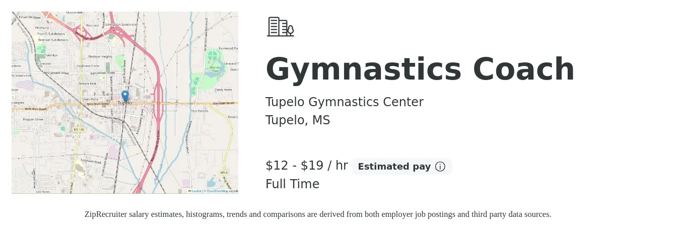 Tupelo Gymnastics Center job posting for a Gymnastics Coach in Tupelo, MS with a salary of $13 to $20 Hourly with a map of Tupelo location.