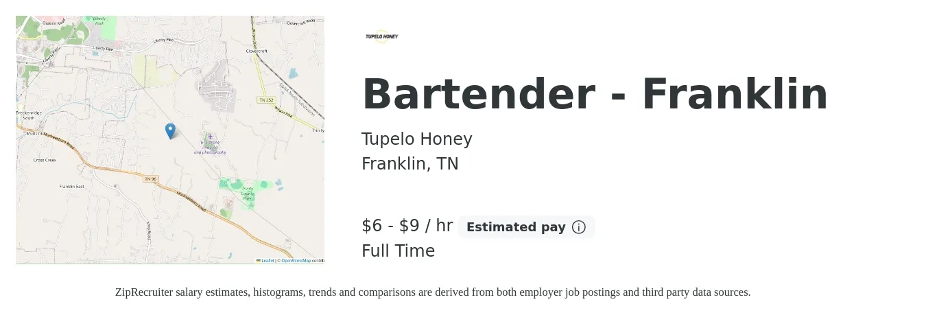 Tupelo Honey job posting for a Bartender - Franklin in Franklin, TN with a salary of $6 to $9 Hourly with a map of Franklin location.