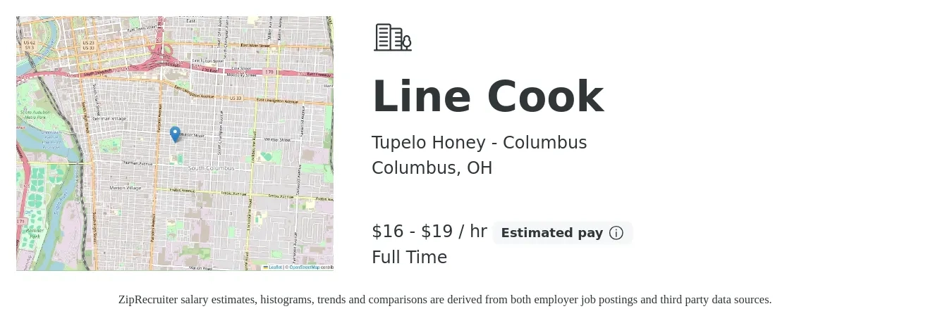Tupelo Honey - Columbus job posting for a Line Cook in Columbus, OH with a salary of $17 to $20 Hourly with a map of Columbus location.