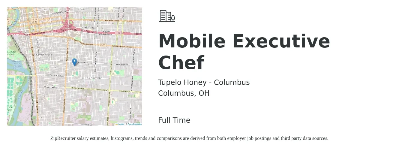 Tupelo Honey - Columbus job posting for a Mobile Executive Chef in Columbus, OH with a salary of $69,100 to $95,100 Yearly with a map of Columbus location.