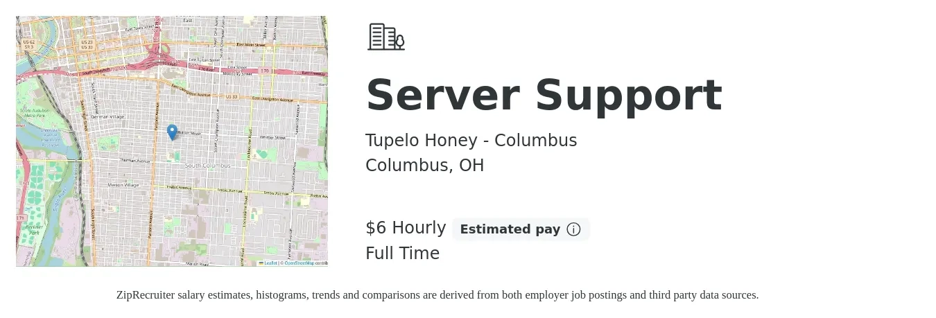 Tupelo Honey - Columbus job posting for a Server Support in Columbus, OH with a salary of $7 Hourly with a map of Columbus location.
