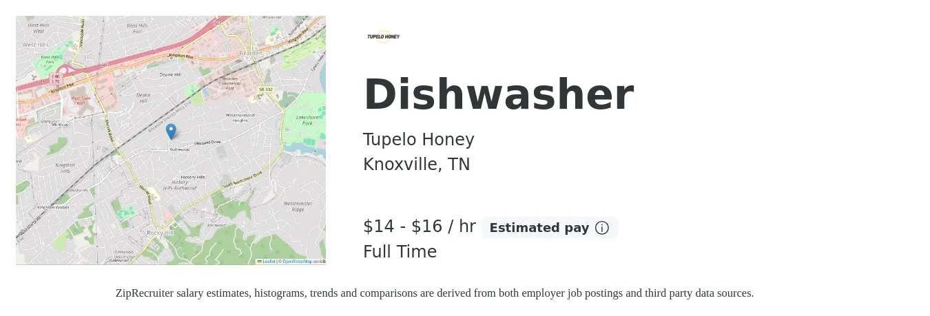Tupelo Honey job posting for a Dishwasher in Knoxville, TN with a salary of $15 to $17 Hourly with a map of Knoxville location.