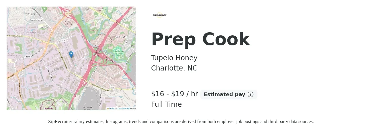 Tupelo Honey job posting for a Prep Cook in Charlotte, NC with a salary of $17 to $20 Hourly with a map of Charlotte location.
