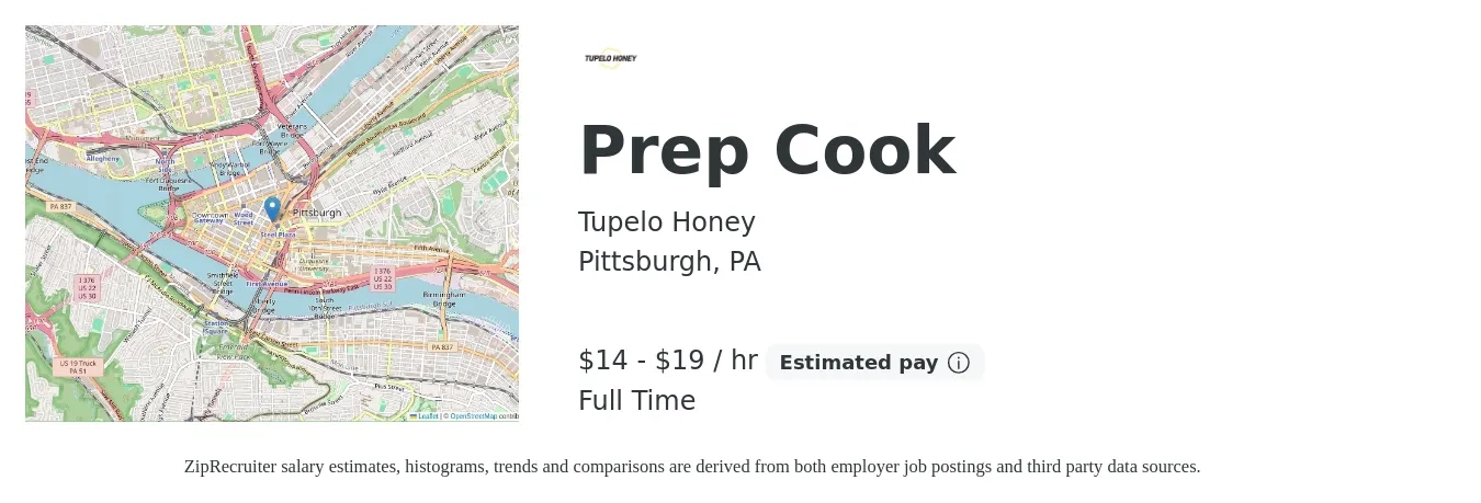 Tupelo Honey job posting for a Prep Cook in Pittsburgh, PA with a salary of $15 to $20 Hourly with a map of Pittsburgh location.