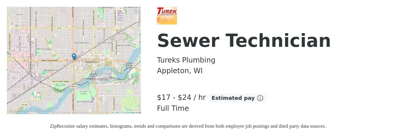 Tureks Plumbing job posting for a Sewer Technician in Appleton, WI with a salary of $18 to $25 Hourly with a map of Appleton location.