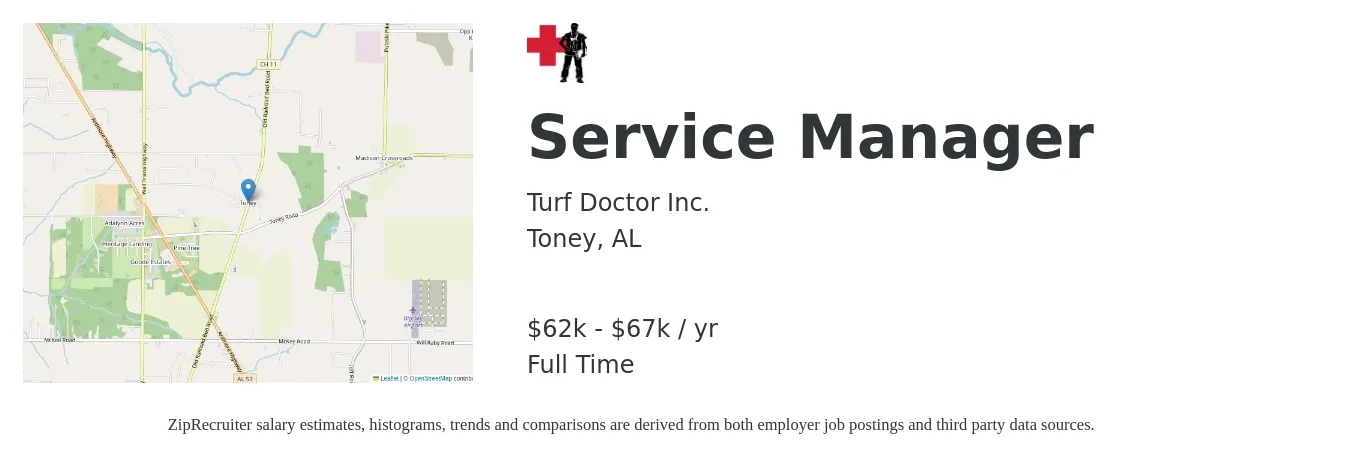 Turf Doctor Inc. job posting for a Service Manager in Toney, AL with a salary of $62,400 to $67,600 Yearly with a map of Toney location.