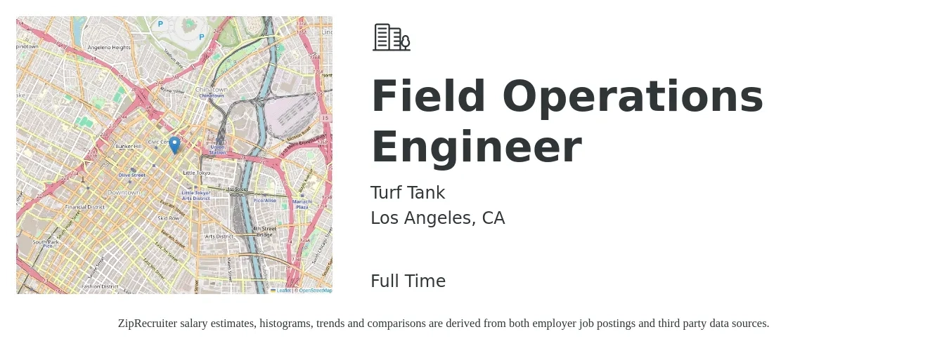 Turf Tank job posting for a Field Operations Engineer in Los Angeles, CA with a salary of $61,400 to $91,000 Yearly with a map of Los Angeles location.