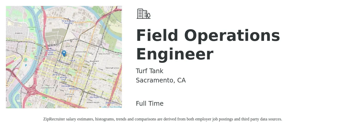 Turf Tank job posting for a Field Operations Engineer in Sacramento, CA with a salary of $60,800 to $90,100 Yearly with a map of Sacramento location.