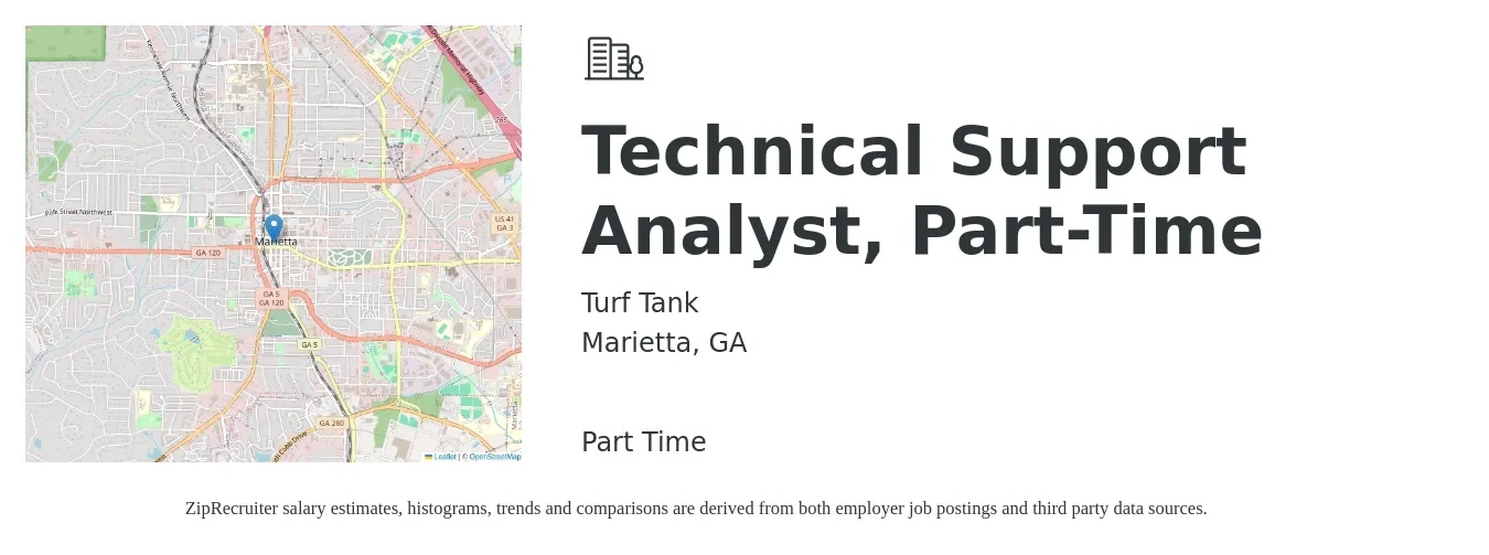Turf Tank job posting for a Technical Support Analyst, Part-Time in Marietta, GA with a salary of $20 to $30 Hourly with a map of Marietta location.
