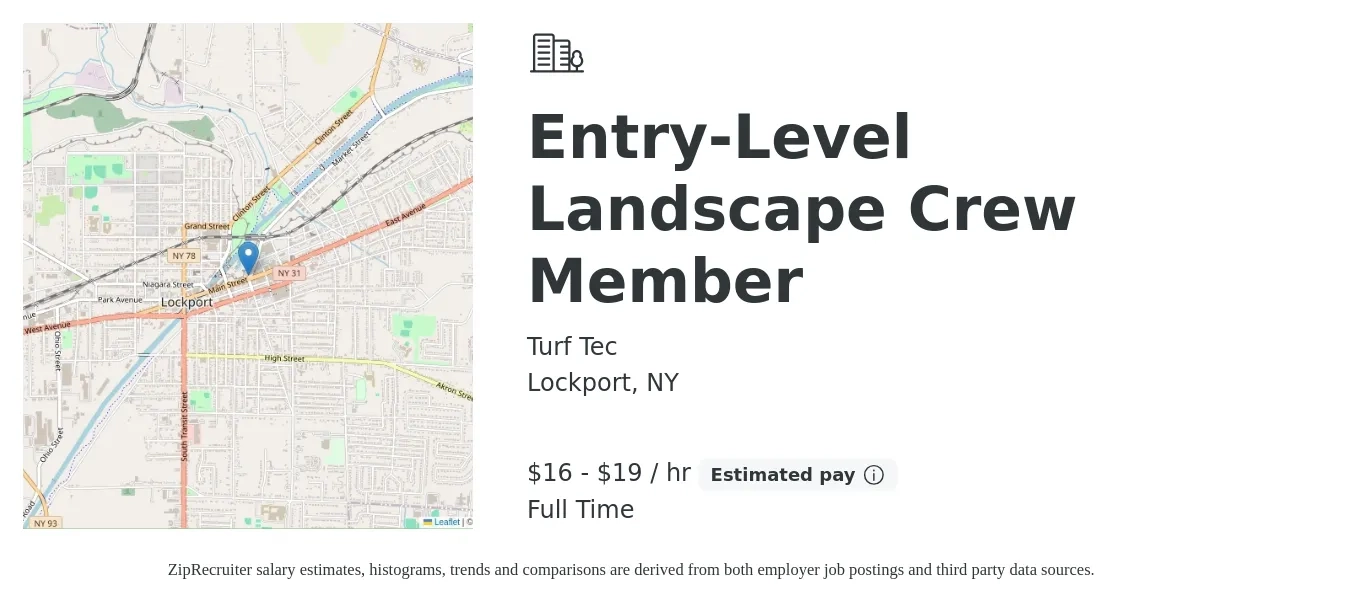Turf Tec job posting for a Entry-Level Landscape Crew Member in Lockport, NY with a salary of $17 to $20 Hourly with a map of Lockport location.
