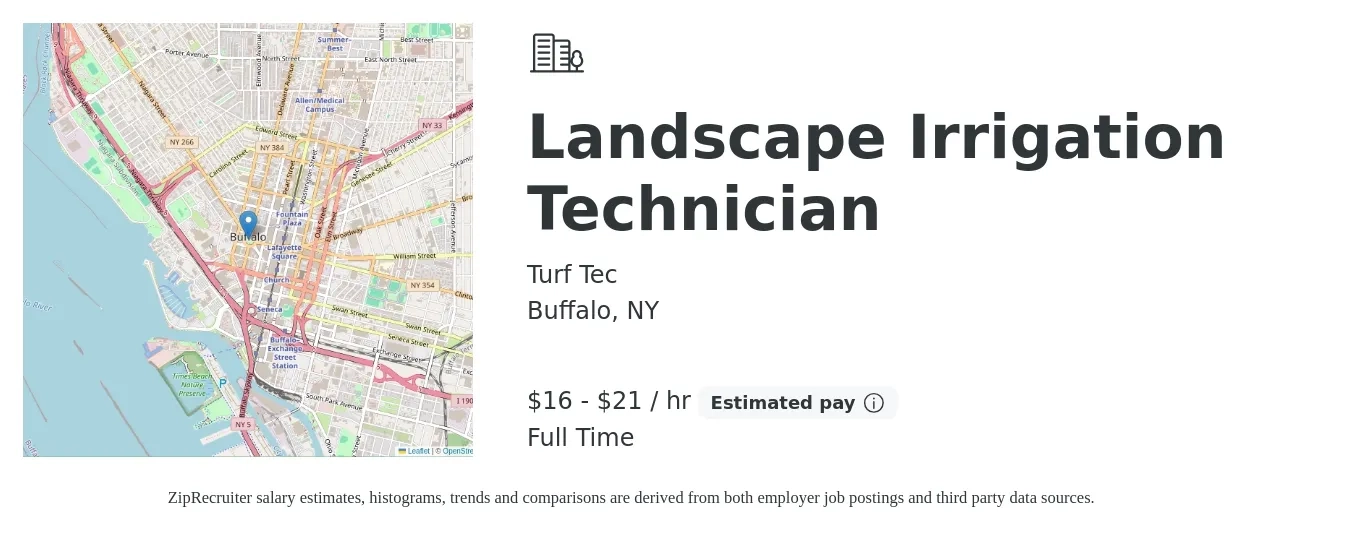 Turf Tec job posting for a Landscape Irrigation Technician in Buffalo, NY with a salary of $17 to $22 Hourly with a map of Buffalo location.