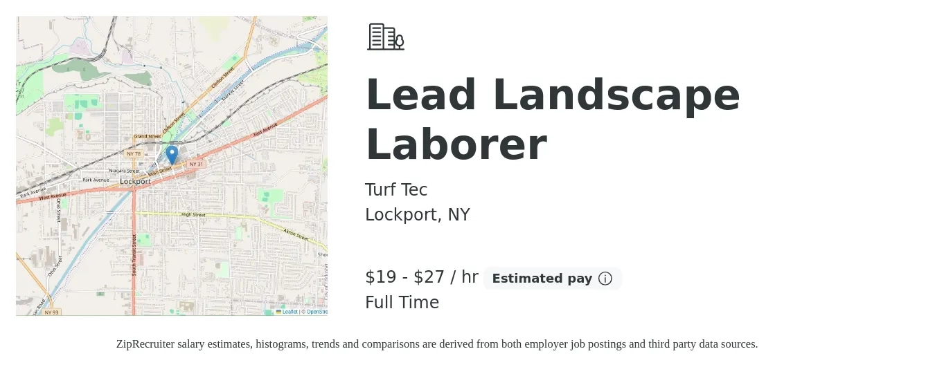 Turf Tec job posting for a Lead Landscape Laborer in Lockport, NY with a salary of $20 to $29 Hourly with a map of Lockport location.