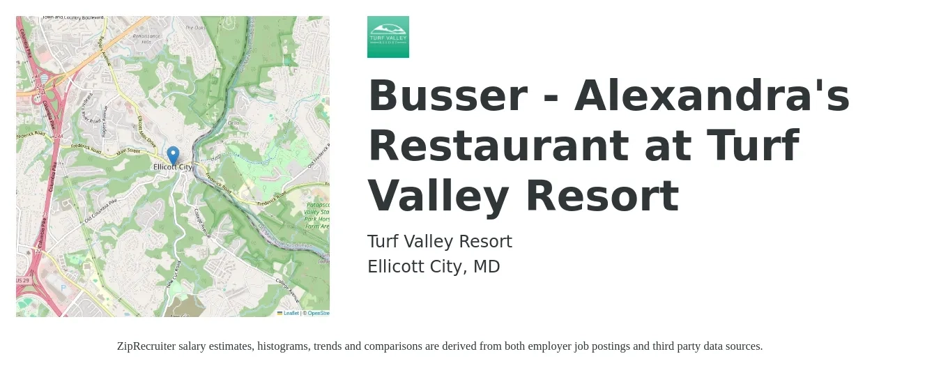Turf Valley Resort job posting for a Busser - Alexandra's Restaurant at Turf Valley Resort in Ellicott City, MD with a salary of $11 to $16 Hourly with a map of Ellicott City location.