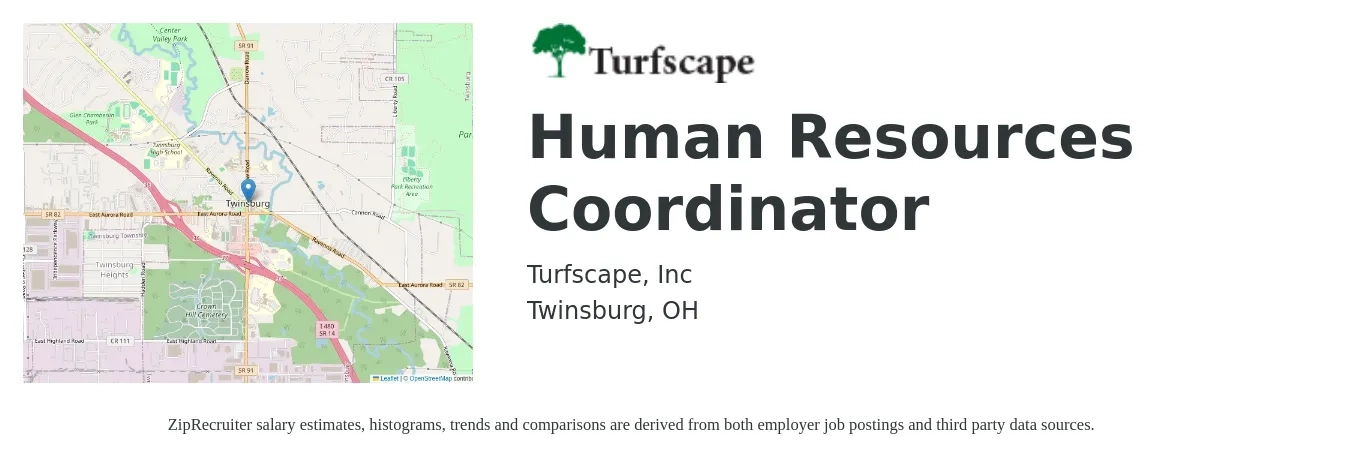 Turfscape, Inc job posting for a Human Resources Coordinator in Twinsburg, OH with a salary of $20 to $26 Hourly with a map of Twinsburg location.
