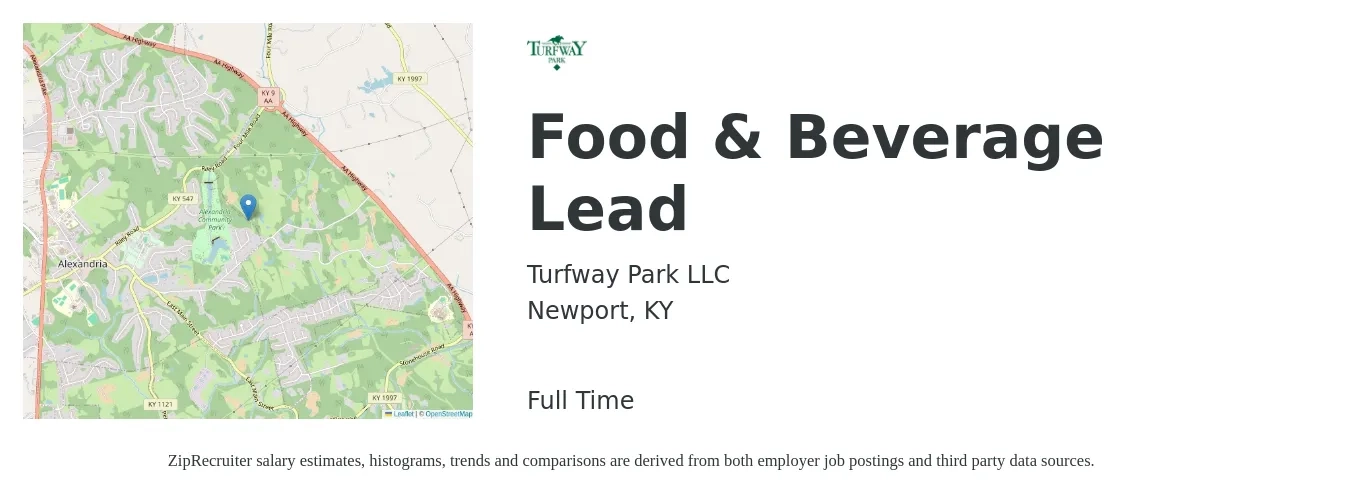 Turfway Park LLC job posting for a Food & Beverage Lead in Newport, KY with a salary of $16 to $21 Hourly with a map of Newport location.
