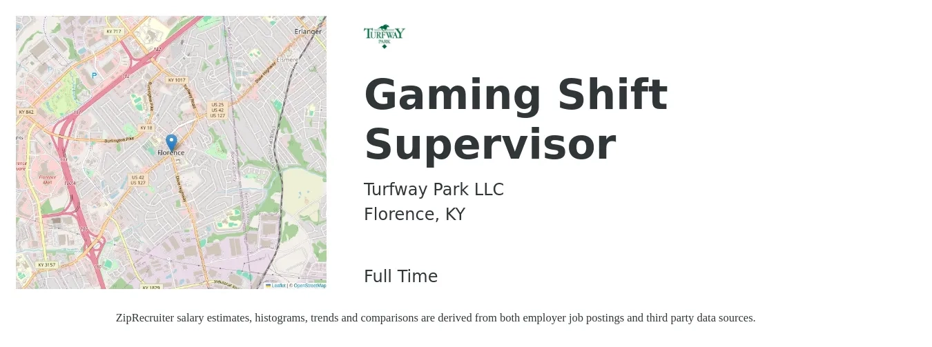 Turfway Park LLC job posting for a Gaming Shift Supervisor in Florence, KY with a salary of $15 to $19 Hourly with a map of Florence location.