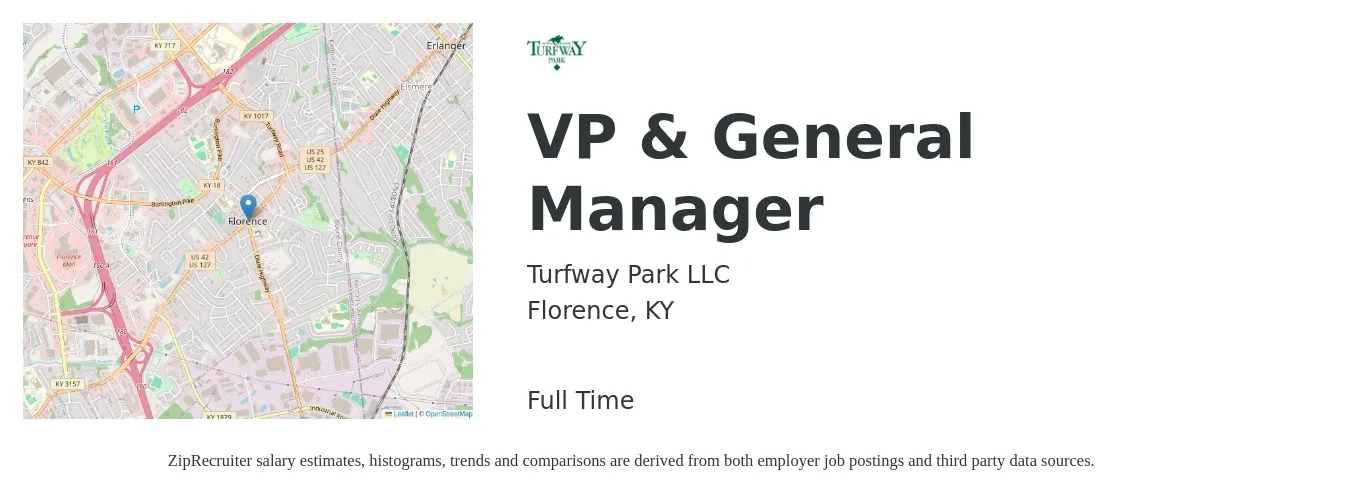 Turfway Park LLC job posting for a VP & General Manager in Florence, KY with a salary of $49,100 to $73,400 Yearly with a map of Florence location.