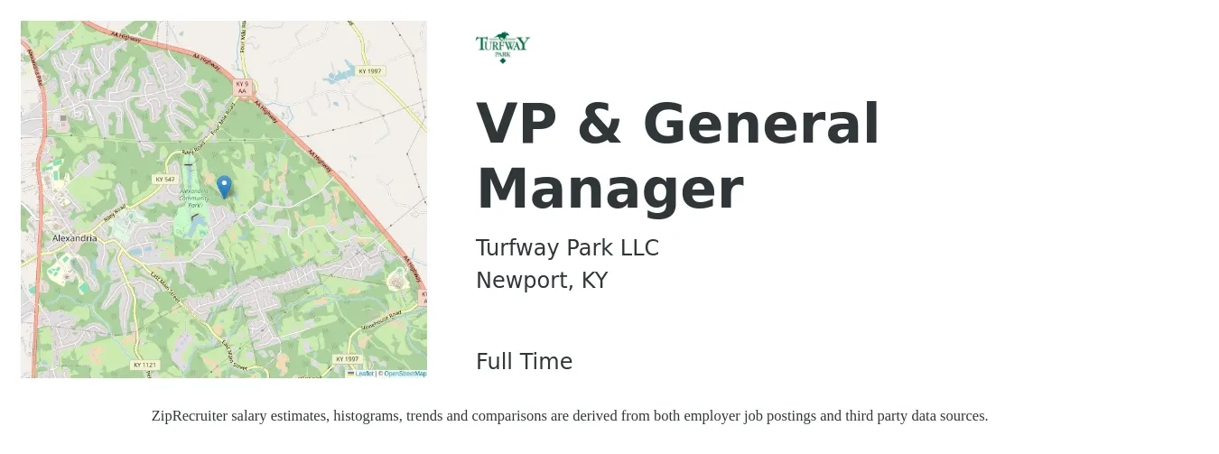 Turfway Park LLC job posting for a VP & General Manager in Newport, KY with a salary of $47,000 to $70,200 Yearly with a map of Newport location.