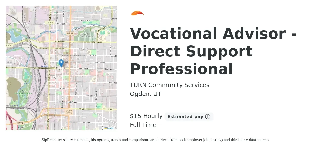 TURN Community Services job posting for a Vocational Advisor - Direct Support Professional in Ogden, UT with a salary of $16 Hourly with a map of Ogden location.