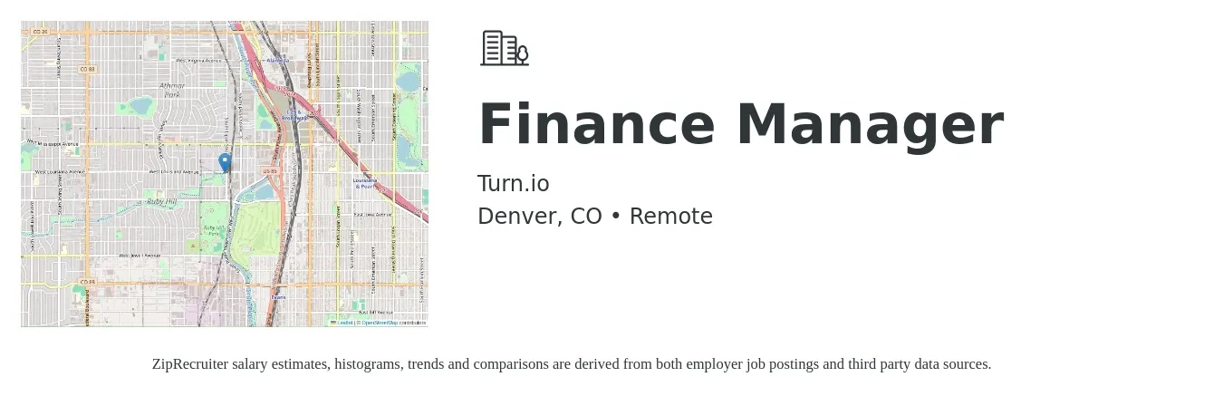 Turn.io job posting for a Finance Manager in Denver, CO with a salary of $97,300 to $172,900 Yearly with a map of Denver location.
