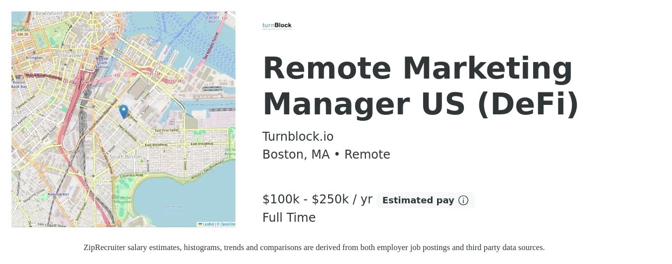 Turnblock.io job posting for a Remote Marketing Manager US (DeFi) in Boston, MA with a salary of $100,000 to $250,000 Yearly with a map of Boston location.